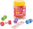 Буркан с дървени гайки, болтчета и летви Bigjigs Toys - играчка